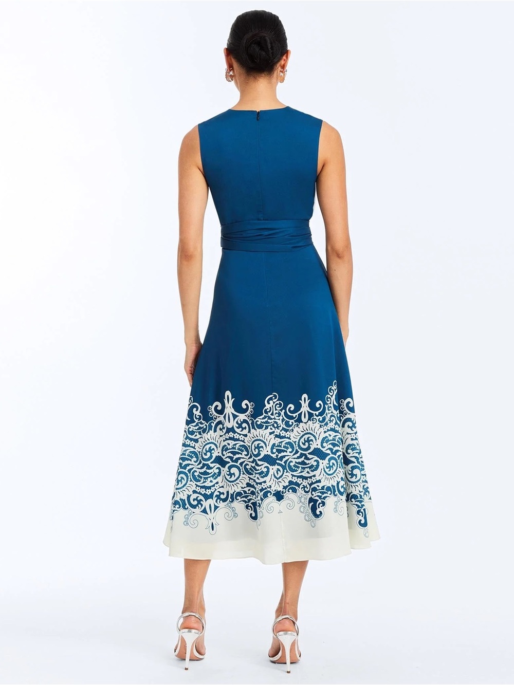 Mestiza Nolita Wrap Midi Dress Midnight Chantilly Blue Ivory Size S - Picture 2 of 6